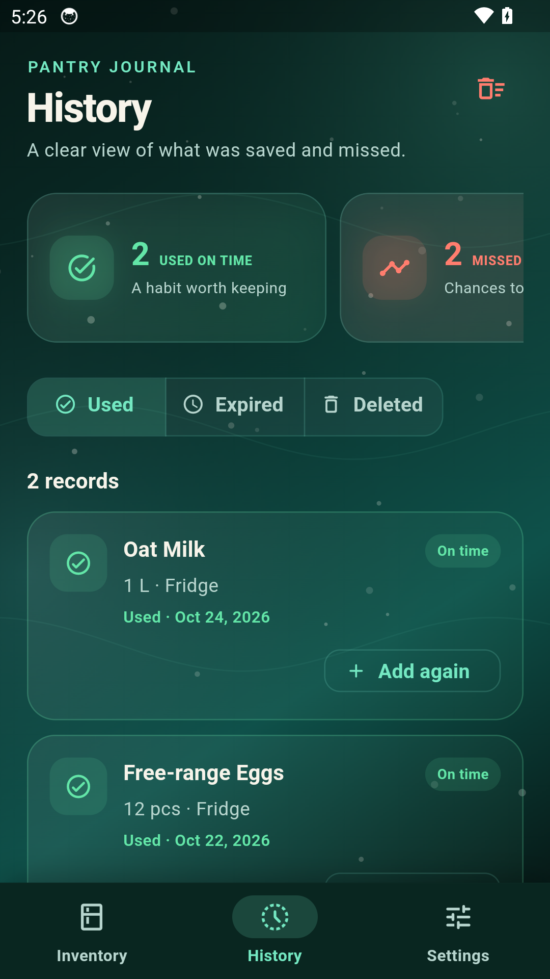 Pantry Guardian history screen