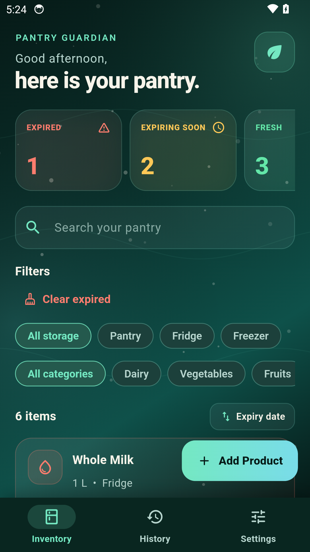 Pantry Guardian home screen detail